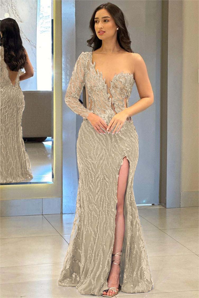 Navy Mermaid Prom Dress Long Sleeve One Shoulder Sequined Formal Dress