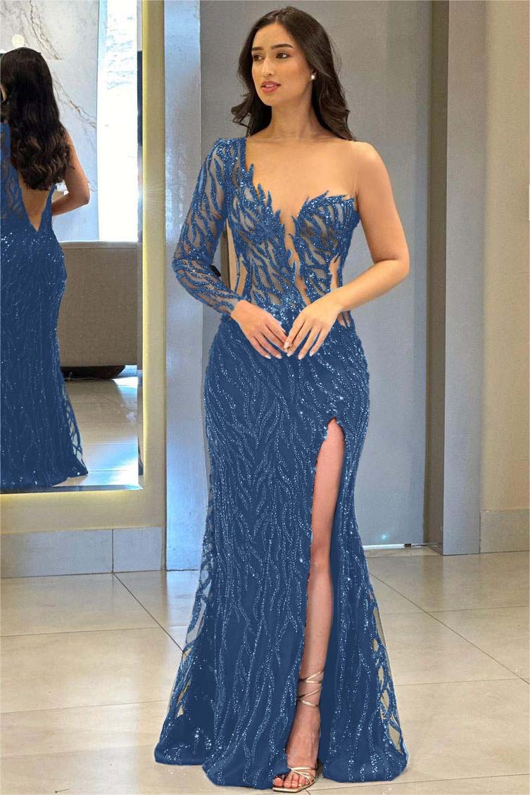 Navy Mermaid Prom Dress Long Sleeve One Shoulder Sequined Formal Dress