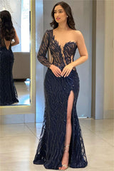 Navy Mermaid Prom Dress Long Sleeve One Shoulder Sequined Formal Dress