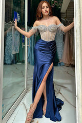 Navy Prom Dress Beaded Mermaid Off The Shoulder Long Formal Dress With Tassels