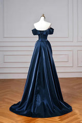 Navy Prom Dress Blue Off The Shoulder Formal Dress with Detachable Train