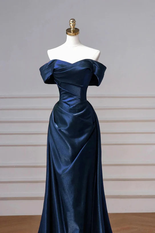 Navy Prom Dress Blue Off The Shoulder Formal Dress with Detachable Train