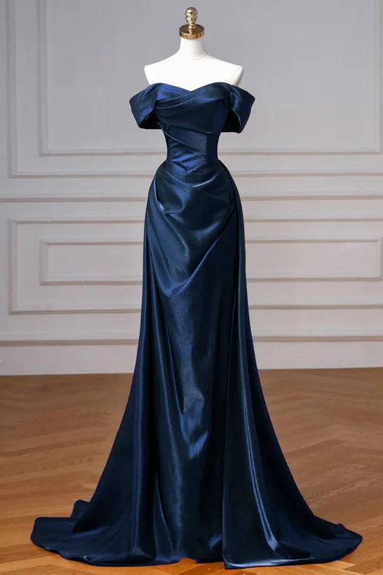 Navy Prom Dress Blue Off The Shoulder Formal Dress with Detachable Train