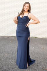 Navy Prom Dress Rhinestones Corset Mermaid Long Formal Dress With Slit