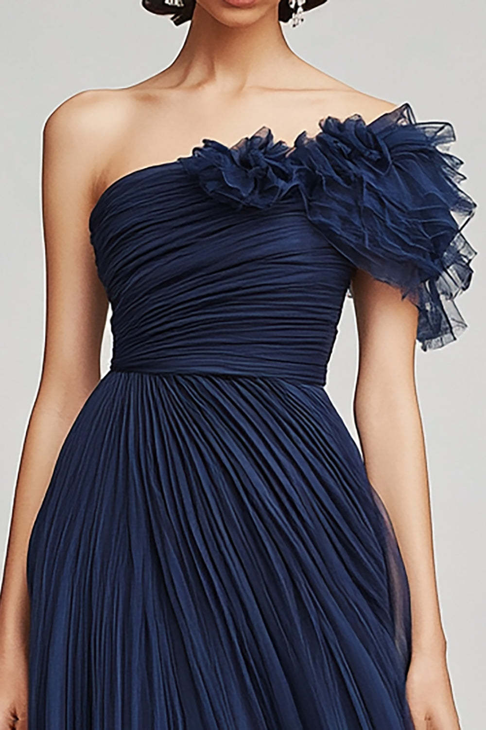 Navy Prom Dress Tulle One Shoulder Long A Line Formal Dress With Ruffles