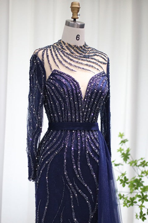Navy Sheath/Column Prom Dress Long Sleeve High Neck Beaded Formal Dress