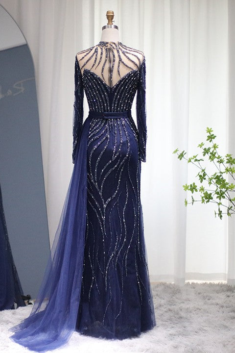 Navy Sheath/Column Prom Dress Long Sleeve High Neck Beaded Formal Dress