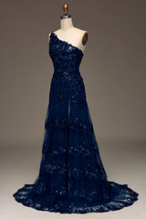 Navy Tulle Long Corset Prom Dress With Appliques