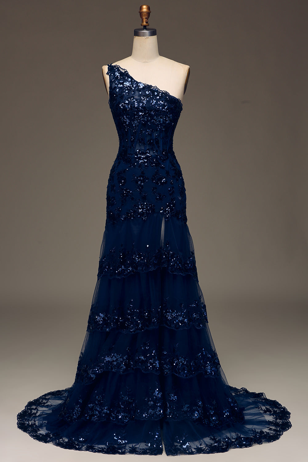 Navy Tulle Long Corset Prom Dress With Appliques