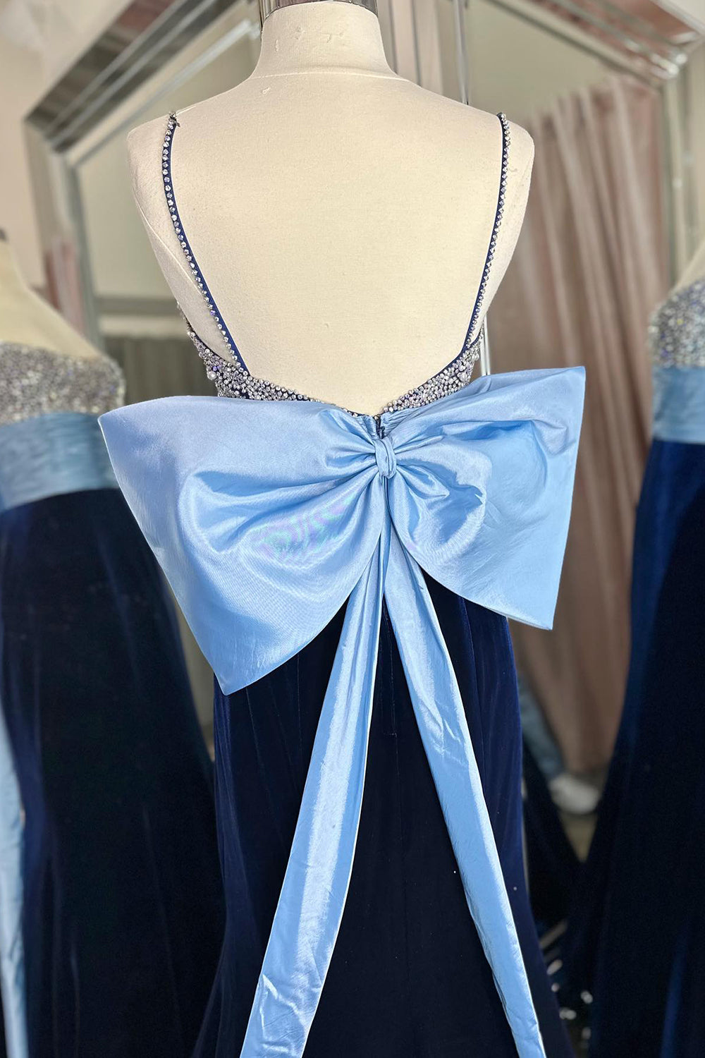 Navy Velvet Formal Dress Beaded Mermaid Long Evening Dress with Bowknot