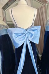 Navy Velvet Formal Dress Beaded Mermaid Long Evening Dress with Bowknot