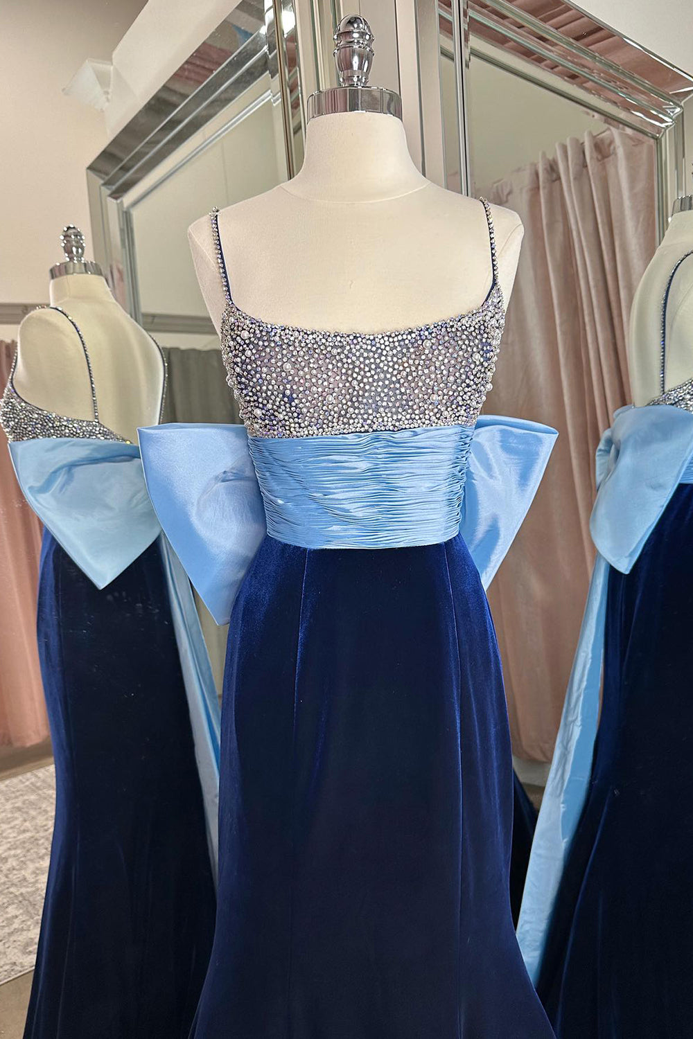 Navy Velvet Formal Dress Beaded Mermaid Long Evening Dress with Bowknot