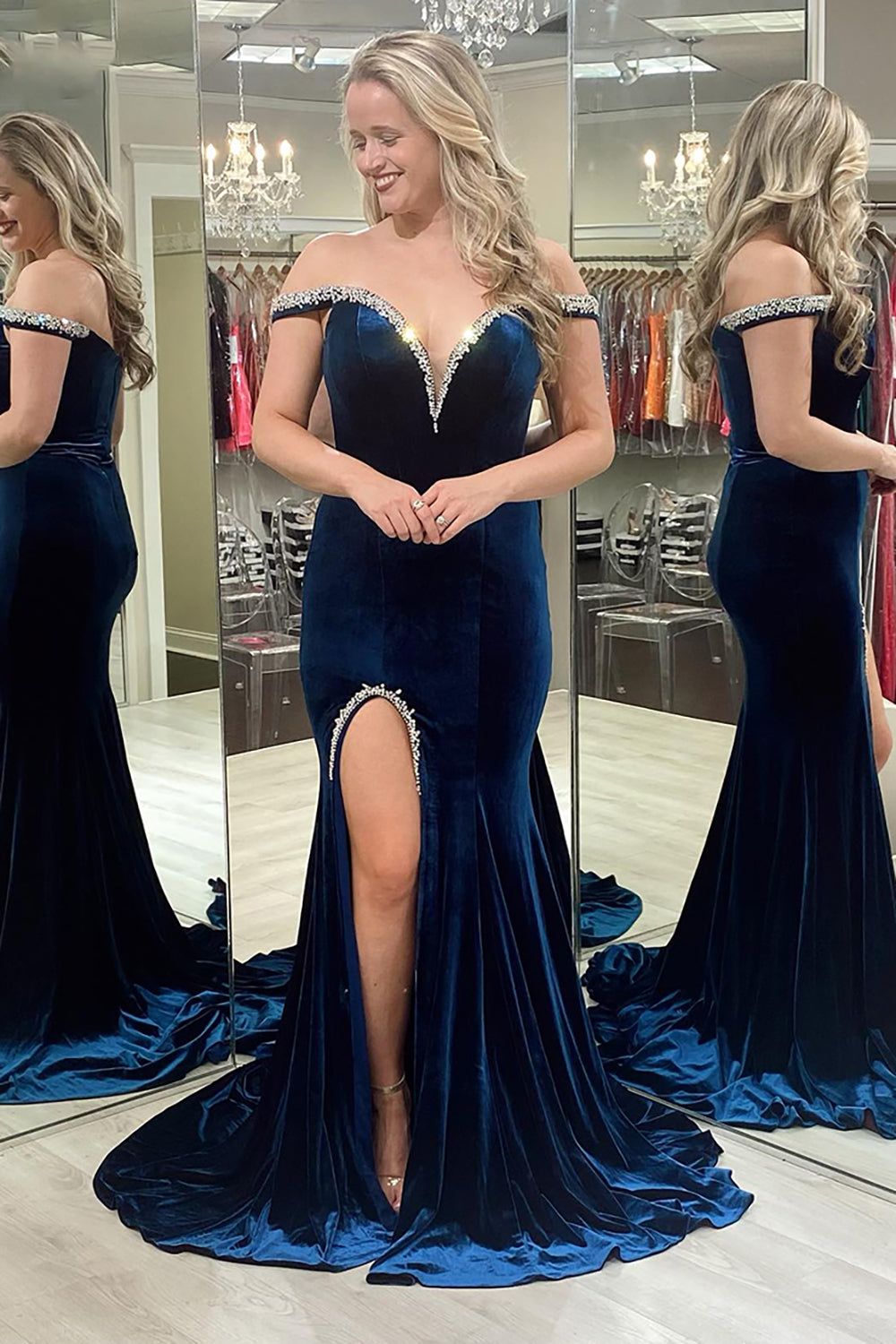 Navy Velvet Formal Dress Mermaid Off The Shoulder Evening Dress With Slit