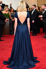 Navy Wedding Guest Dress Beaded A Line V-Neck Long Gala Dress