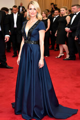 Navy Wedding Guest Dress Beaded A Line V-Neck Long Gala Dress