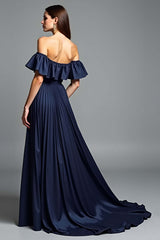 Navy Wedding Guest Dress Beaded Halter A Line Long Formal Dress