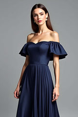 Navy Wedding Guest Dress Beaded Halter A Line Long Formal Dress
