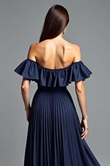 Navy Wedding Guest Dress Beaded Halter A Line Long Formal Dress