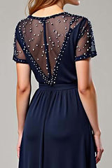 Navy Wedding Guest Dress Chiffon Deep V-Neck Long Formal Dress