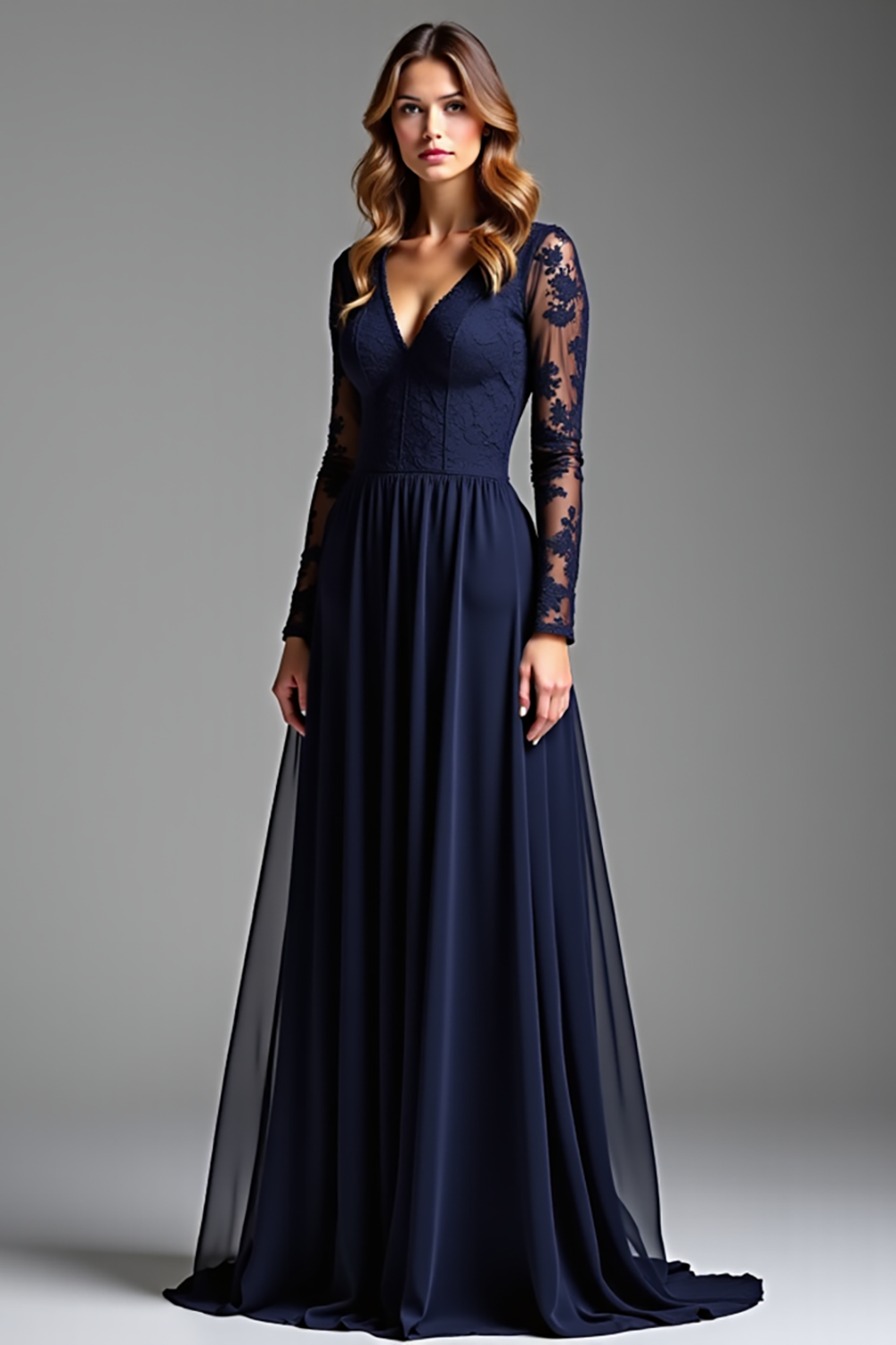 Navy Wedding Guest Dress Chiffon V-Neck Long Formal Dress With Long Sleeves