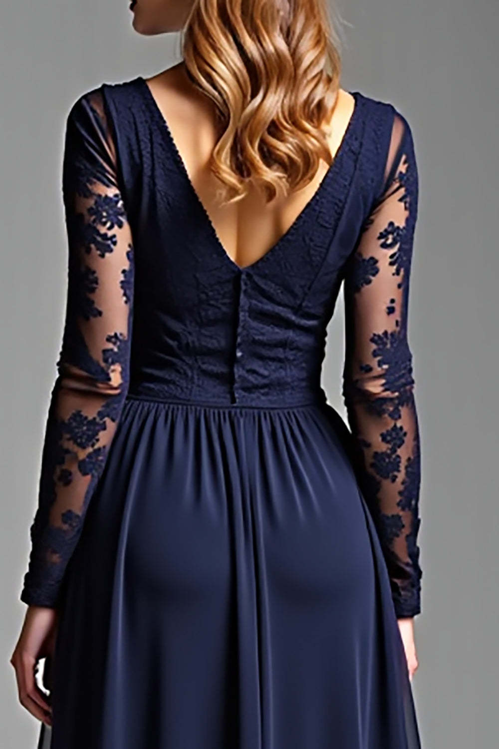 Navy Wedding Guest Dress Chiffon V-Neck Long Formal Dress With Long Sleeves