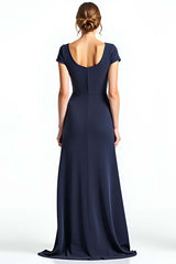 Navy Wedding Guest Dress Square Neck Long Formal Dress With Bowknot