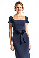 Navy Wedding Guest Dress Square Neck Long Formal Dress With Bowknot