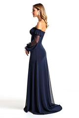 Navy Wedding Guest Dress Sweetheart Long Sheer Sleeves Formal Dress With Ruffles