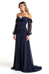 Navy Wedding Guest Dress Sweetheart Long Sheer Sleeves Formal Dress With Ruffles