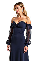 Navy Wedding Guest Dress Sweetheart Long Sheer Sleeves Formal Dress With Ruffles
