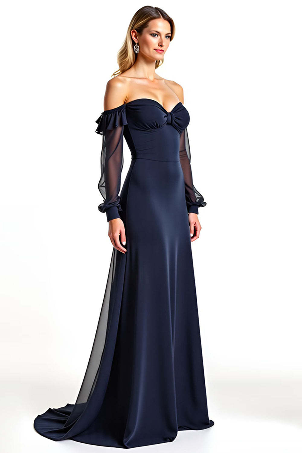 Navy Wedding Guest Dress Sweetheart Long Sheer Sleeves Formal Dress With Ruffles