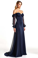 Navy Wedding Guest Dress Sweetheart Long Sheer Sleeves Formal Dress With Ruffles