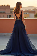 Navy Wedding Guest Dress Tulle A Line V-Neck Long Formal Dress