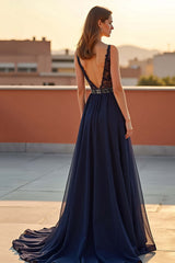 Navy Wedding Guest Dress Tulle A Line V-Neck Long Formal Dress