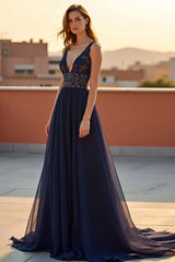 Navy Wedding Guest Dress Tulle A Line V-Neck Long Formal Dress