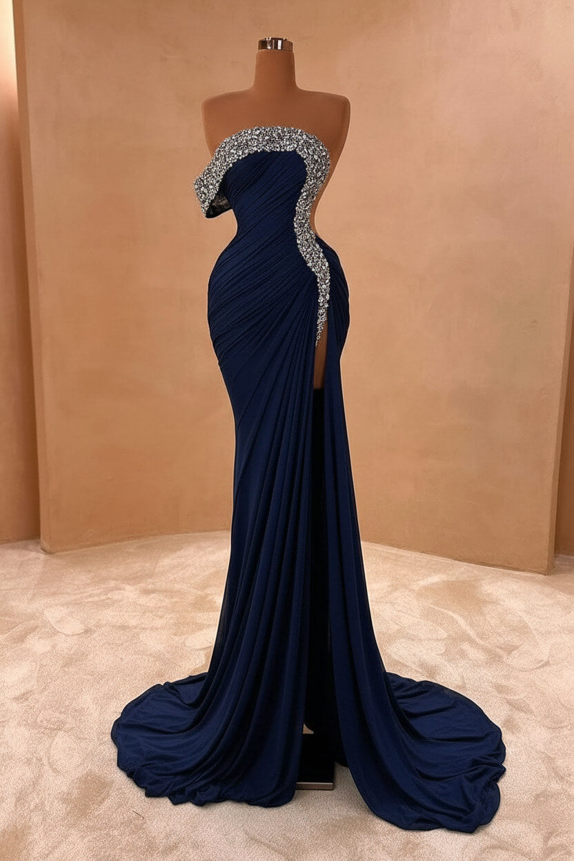 Blue Mermaid Prom Dress One Shoulder Beaded Formal Dress