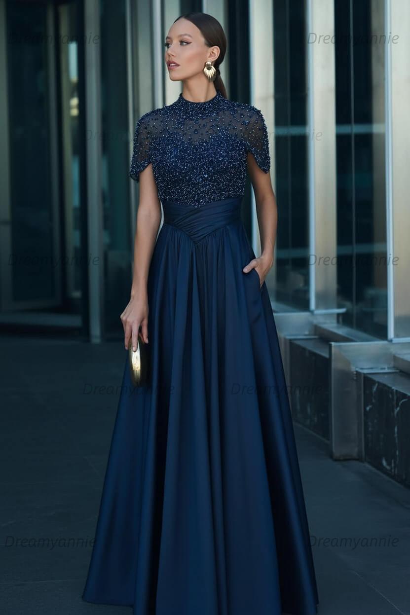 Green A Line Prom Dress Short Sleeve High Neck Beaded Formal Dress