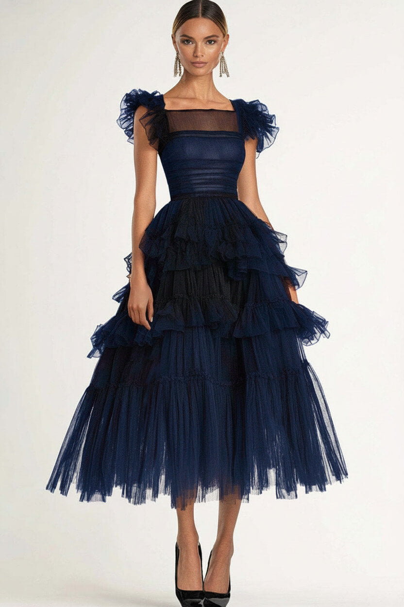 Dreamyannie Tea Length Black Wedding Guest Dress A-Line Flatter Sleeves Tulle Formal Dress With Ruffles