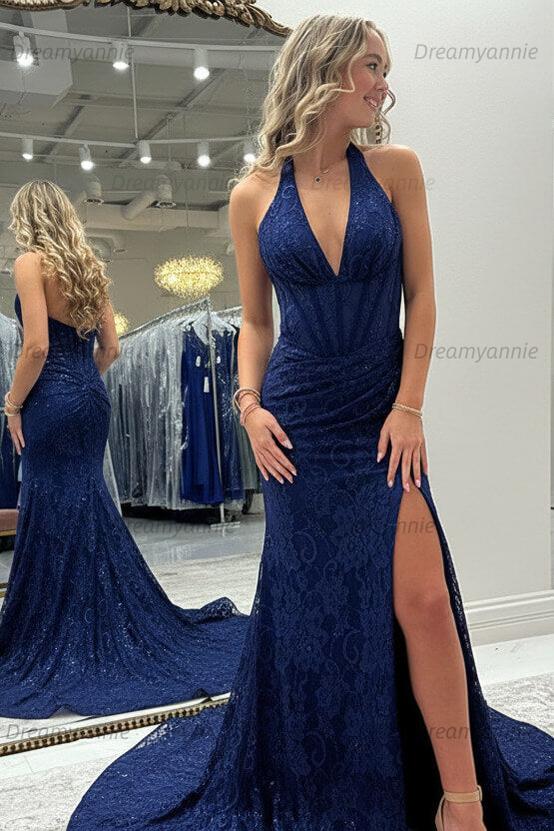 Dreamyannie Halter Pink Prom Dress Long Lace Formal Dress With Slit