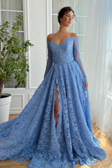 Ocean Blue Prom Dress A Line Off The Shoulder Sleeve Lace Formal Dress With Slit