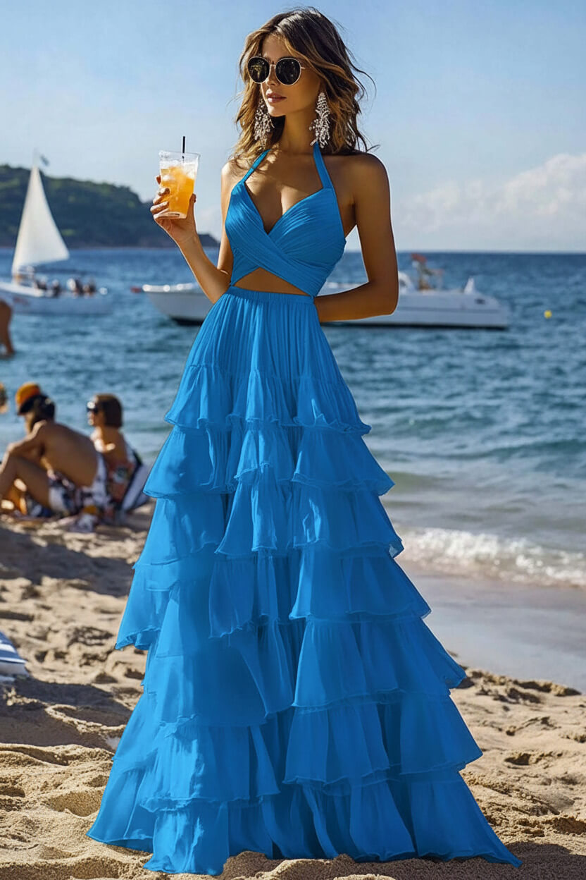 Dreamyannie Halter Tiered White 2 Piece Ruffled Formal Dress