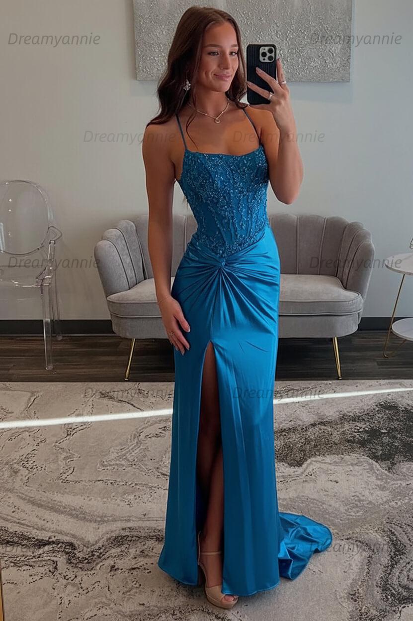 Dreamyannie Red Prom Dress Spaghetti Straps Ruhed Long Lace Formal Dress With Appliques