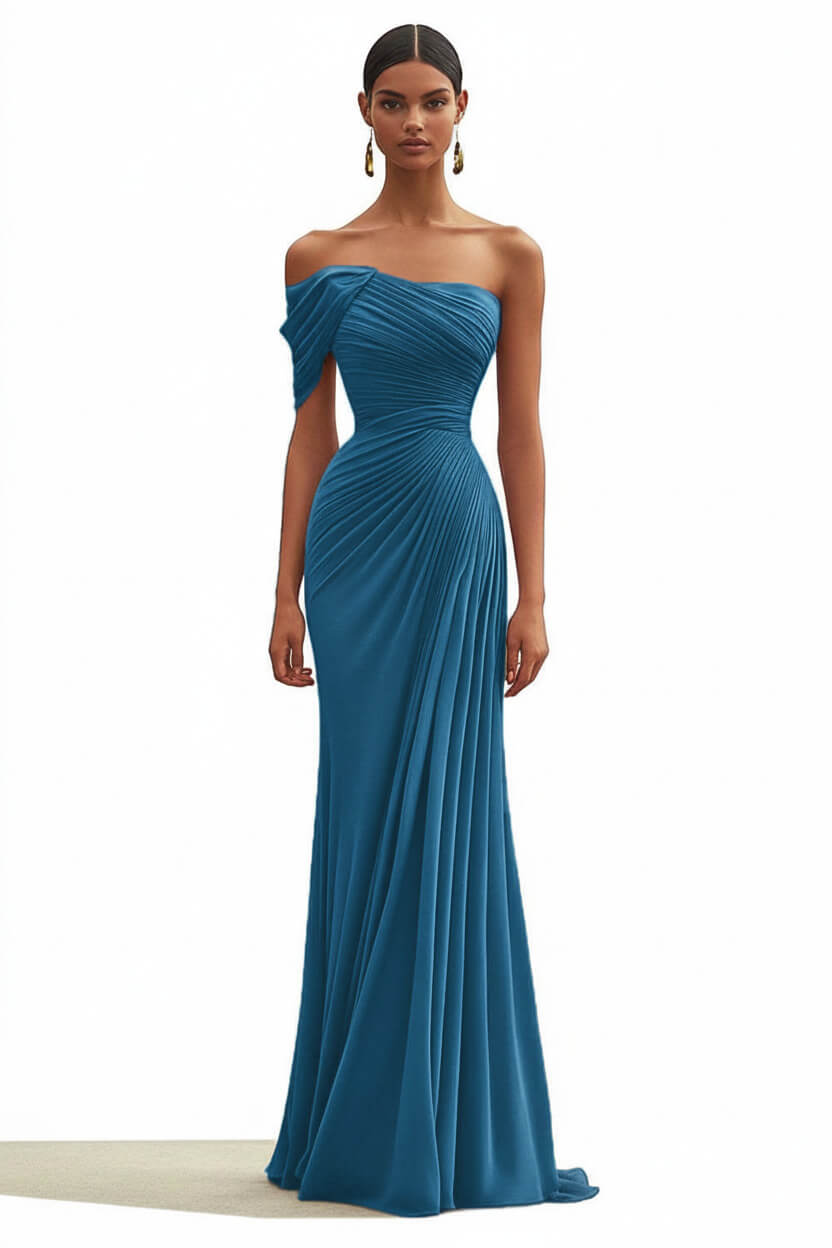 Dreamyannie One Shoulder Ruched Mermaid Dark Green Wedding Guest Dress Long Formal Dress