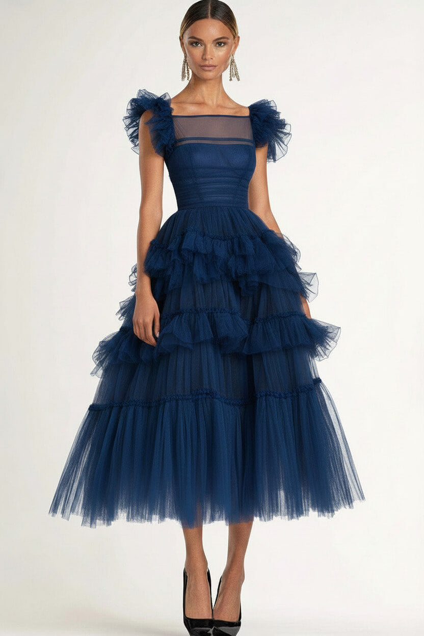 Dreamyannie Tea Length Black Wedding Guest Dress A-Line Flatter Sleeves Tulle Formal Dress With Ruffles
