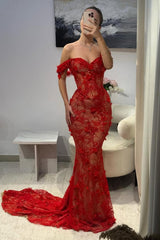 Red off-the-shoulder lace mermaid prom dress with 3D floral appliques and sweep train, full front view