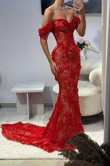 Red lace mermaid prom dress with off-the-shoulder sleeves and floral appliques, side view
