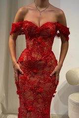 Close-up of red off-the-shoulder sweetheart neckline with 3D floral appliques and sequin lace