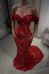 Red floral lace mermaid prom dress with sheer bodice and fitted skirt, front view