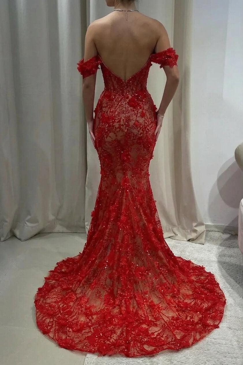 Back view of red lace mermaid prom dress with deep V back and zipper closure