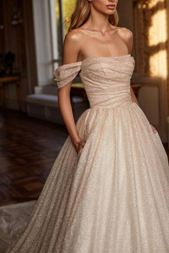 Off Shoulder Sequined Court Train Wedding Dress